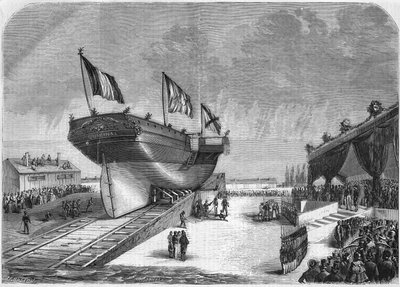 O lançamento do Forro Quirinal em La Seyne em 1857 (Compagnie des Messageries Maritimes). Gravação a partir de 1857. de French School