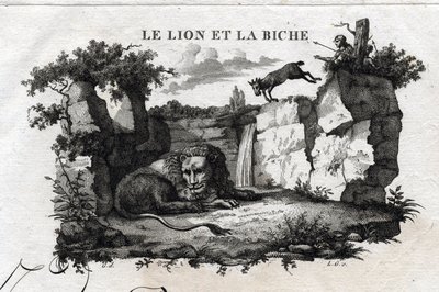O leão e o veado. A fábula de Esope. (escritor grego Esopo ou Ecopus, século VI a.C.) Escrito por Guillaume Montfort e Gravees por Beauble em 1801. de French School