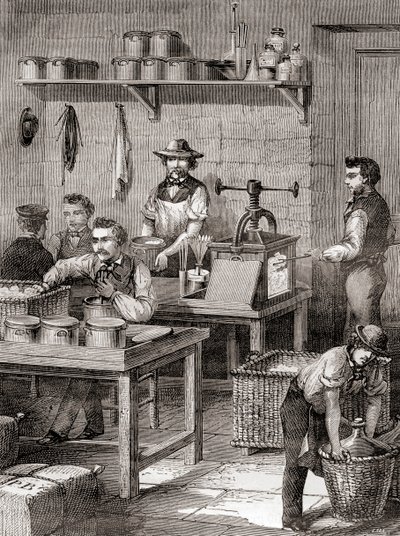 O fabrico de algodão descaroçado no século XIX, de Les Merveilles de la Science, publicado c.1870 (gravura) de French School