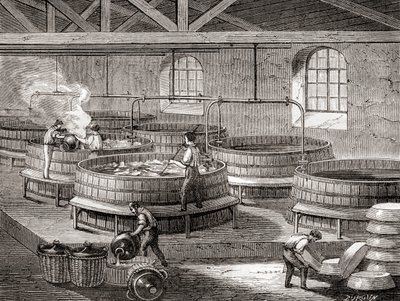 O fabrico de sabão em grandes tanques no século XIX, de "Les Merveilles de la Science", publicado por volta de 1870 (gravura) de French School
