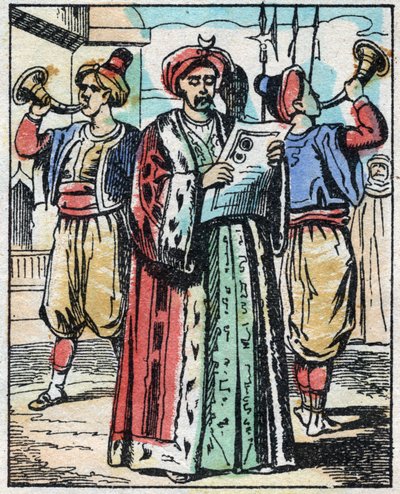 O casamento da filha do Sultão com o filho do Grande Vizir é anunciado por um leitor público. Gravação do conto das Mil e Uma Noites "Aladino e a Lâmpada Maravilhosa". Imagem epinal, finais do século XIX. Coleção particular. de French School