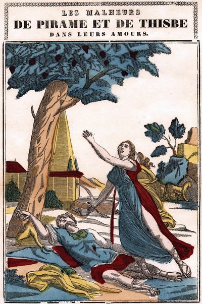 As desgraças de Pyramus (Pirame) e Thisbe no seu amor, contadas por Ovid em "The metamorphoses". Foto de Epinal de French School