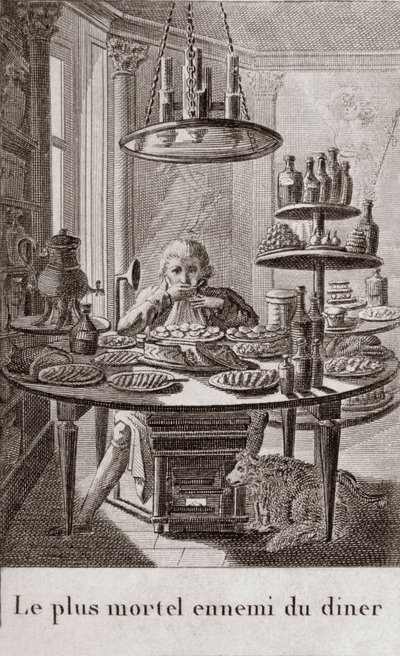O inimigo mais mortal do jantar - gravação em "Almanaque dos gourmets, servindo de guia em maneiras de fazer excelente querido. Por um velho amador" de Alexandre Balthazar Laurent Grimod de la Reyniere - 1804-1812 de French School