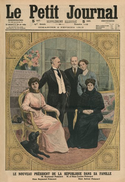 O novo Presidente da República Francesa, Raymond Poincaré, com a sua família, ilustração da capa do &39;Le Petit Journal&39;, suplemento ilustrado, 2 de fevereiro de 1913 de French School