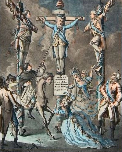 O novo calvário, Luís XVI colocado na cruz por revoltas - 2. e 3. Monsieur (Luís Estanislau Xavier, Conde de Provença (1755-1824), Luís XVIII) e o Conde de Artois (Carlos Philippe (1757-1836) Carlos X), irmãos do Rei, inclinados pelos decretos o de French School