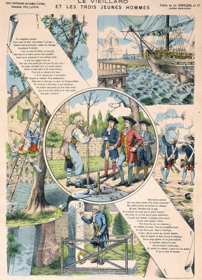 O velho e os três jovens - Fábulas de La Fontaine em imagens de Epinal de French School
