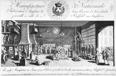 A única fabricação na França de boas lâminas de aço derretido da mesma maneira que a de Sheffield na Inglaterra, Yorkshire, final do século XVIII (ver também 248212) de French School