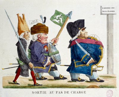 A saída na etapa de carga. Desenho animado mostrando homens atravessando a barreira dos bons homens sob a Restauração (1823). Gravura a partir de 1823. Paris, Musee Carnavalet de French School