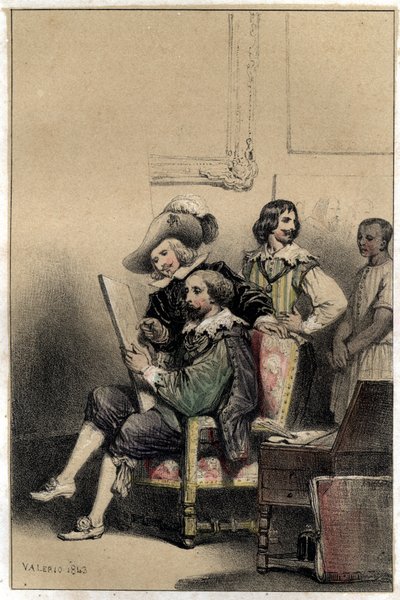 O pintor Diego Velasquez (1599-1660) recebe em seu estúdio Pierre Paul (Pierre-Paul) Rubens (ou Peter Paul ou Petrus Paulus) (1577-1640). Placa retirada de "Scenes de la vie des hommes famous" gravada em dois tons por Valerio. 1843. de French School