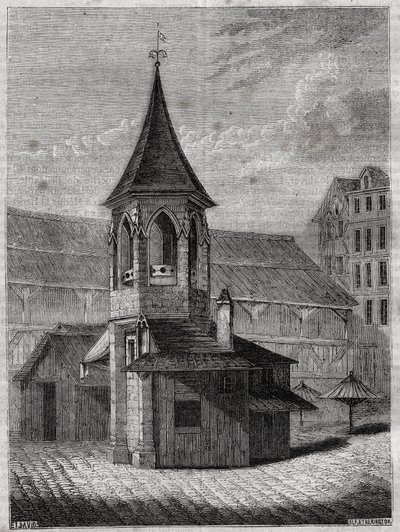 O pelourinho das salas no século XVIII, construído sobre o antigo cemitério dos Inocentes - Gravura em "A história física, civil e moral de Paris: desde os primeiros tempos históricos até aos nossos dias" de Jacques Antoine Dulaure de French School