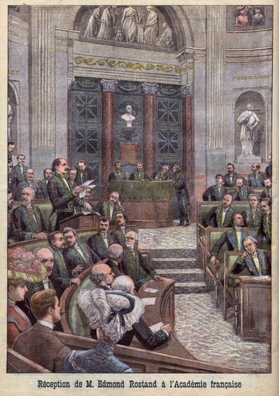 O poeta e dramaturgo Edmond Rostand é recebido na Academia Francaise por "Le Petit Journal". de French School