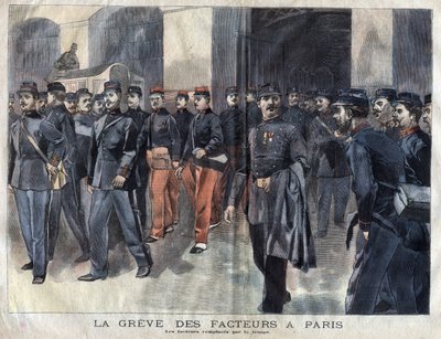 A greve dos carteiros: soldados e guardas municipais encarregados da distribuição de cartas em Paris. Gravação de 1899 em "La petite Gironde". de French School