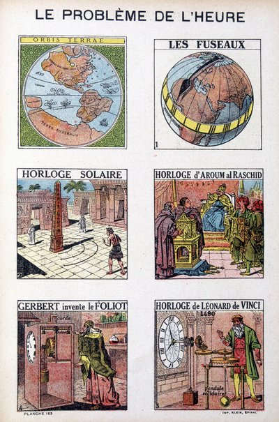 O problema da época: Orbis Terrea, o fuso, relógio solar, relógio de Aroum Al Racshid, Gerbert inventa o Foliot, relógio de Leonardo da Vinci (Leonardo da Vinci) - gravura, deb. Século XX de French School