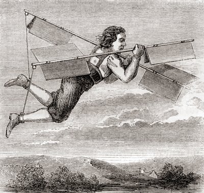 O alegado voo do serralheiro francês Jacob Besnier, com a ajuda de um aparelho voador concebido por ele próprio, em 1678, de "Les Merveilles de la Science", publicado por volta de 1870 (litografia) de French School