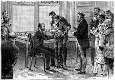 As operações de vacinação contra Raiva, no laboratório de Louis Pasteur (1822-1895), desenhadas por C.Gilbert d