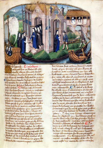 A recepção de um novato e acolhimento de um paciente, do Le Livre de Vie Active do Hotel Dieu de Paris, de Jean Henry, c.1482 (ver também 236790) de French School