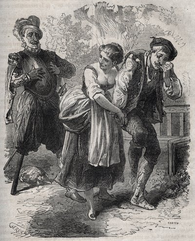 O regresso de Martin Guerre (cerca de 1524 por volta de 1560): apareceu perante a sua mulher, Bertrande de Rols, e aquele que usurpou a sua identidade, o impostor Arnaud du Tilh (Thil). Gravura de 1871 em "Histoire Des Cocus Celebres" de Henry de Kock (181 de French School
