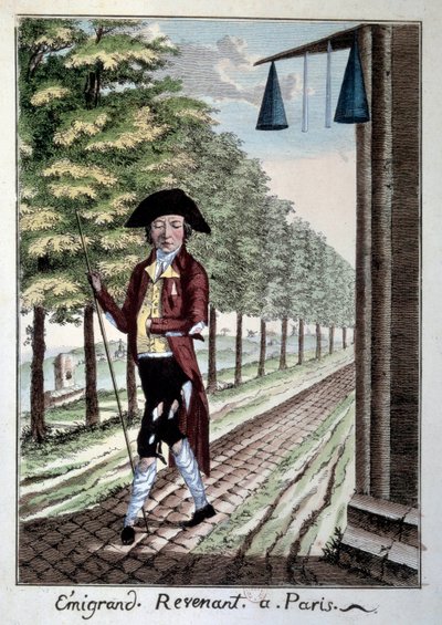 O regresso de um emigrante no final da Revolução Francesa. Um nobre de roupas rasgadas que fugiu da cidade durante a Revolução. Gravura de Paris do século XIX, Museu Carnavalet de French School