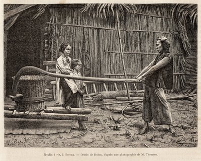 O moinho de arroz, em frente à casa de um agricultor em Gocong, gravado após um desenho de Robin ilustrando a viagem a Cochinchine, pelo Dr. Morice, em 1872, publicado em "Le tour du monde" 1875, editado por Edouard Charton, edição Hachette, Paris. Selva de French School