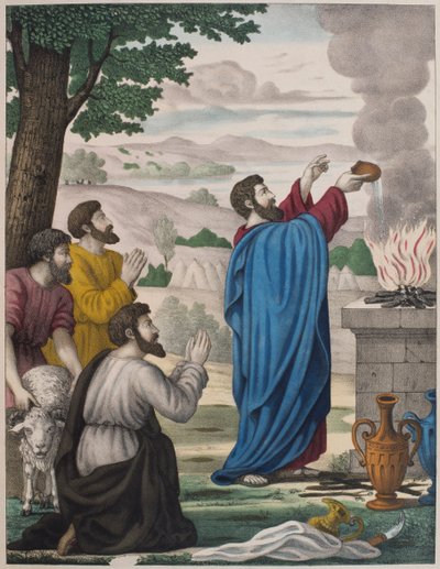 Os sacrifícios rivais de Elias e os sacerdotes de Baal, ilustração de um catecismo LHistoire Sainte, publicado por Charles Delagrave, Paris, final do século XIX de French School