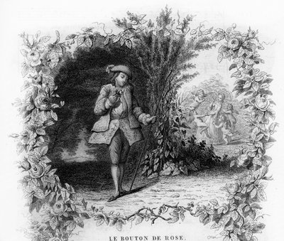 O botão da rosa. Um jovem solitário e romântico num jardim, no fundo do qual uma jovem mulher está rodeada por um cupido. Gravura em "Chants et chansons populaire de la France", Tomo 2 de French School