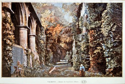 As ruínas da Abadia de Valmont, c. 1900 (colorido litho depois de uma foto colorida) de French School