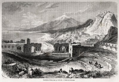 As ruínas do antigo teatro de Taormina (Tauromenium), aos pés do Monte Taurus, com vista para a moderna aldeia de Giardini e o Etna, desenho de Adolphe Rouargue (1810-187?) e Emile Rouargue (ca1795-1865) para ilustrar a viagem de Felix Bourquelot de French School
