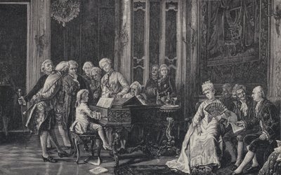 Wolfgang Amadeus Mozart, de sete anos, tocando diante do rei George III em Londres, em 1764 de French School