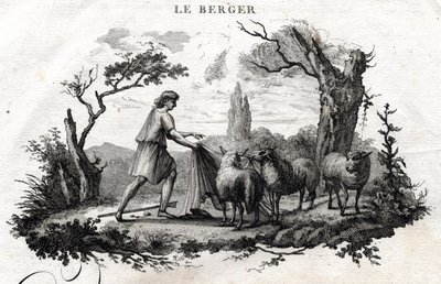 O pastor. A fábula de Esope. (escritor grego Esopo ou Ecopus, século VI a.C.) Escrito por Guillaume Montfort e Gravees por Beauble em 1801. de French School