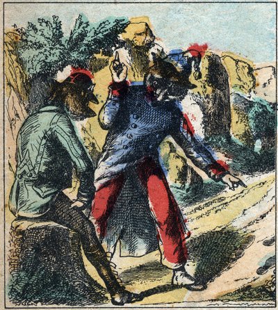 O leão doente e a raposa. Fábulas de Jean de La Fontaine (1621-95). Imagens epinais do final do século XIX. de French School