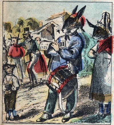 O leão doente e a raposa. Fábulas de Jean de La Fontaine (1621-95). Imagens epinais do final do século XIX. de French School