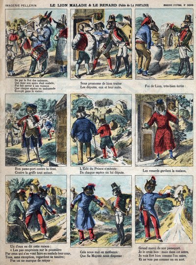 O leão doente e a raposa. Fábulas de Jean de La Fontaine (1621-95). Imagens epinais do final do século XIX. de French School