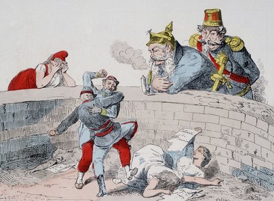 A situação - Gauillaume: Temos de ajudar os loucos, Badingue (Napoleão III): Deixa-os fazer o meu irmão, será altura de intervir quando eles (os parisienses) se tiverem devorado a si próprios. Desenho animado sobre a Comuna. de French School