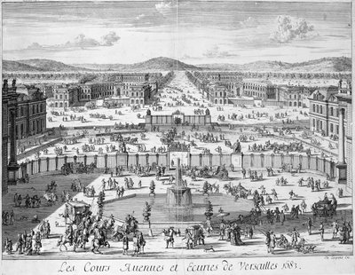 Os estábulos e portões de Versalhes vistos do palácio, 1683 de French School