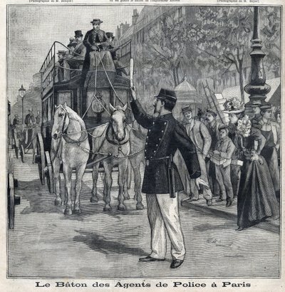 O bastão dos polícias em Paris para regular o trânsito nas ruas da capital, em "Le Petit Parisien". de French School