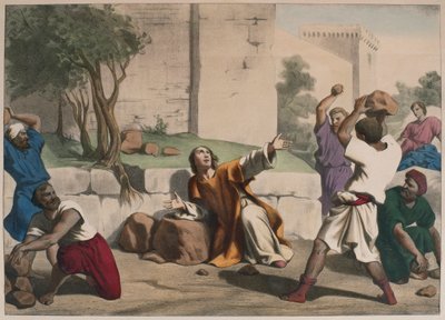 O apedrejamento de Santo Estêvão, ilustração de um catecismo LHistoire Sainte, publicado por Charles Delagrave, Paris, final do século XIX de French School