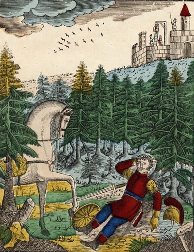 A história dos quatro filhos Aymon; Bayard, ao ouvir o barulho dos soldados que Ripas tinha com ele para enforcar Richard, desperta Regnault ao atacar no seu escudo, imagem de uma espinha dorsal do século XIX. de French School