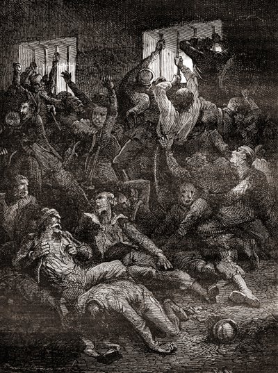 O sofrimento e a morte devido à má ventilação, de prisioneiros ingleses no Buraco Negro de Calcutá, uma pequena masmorra no velho Forte William em Calcutá, Índia, onde tropas do Nawab de Bengala, Siraj ud-Daulah, mantiveram prisioneiros de guerra britânico de French School