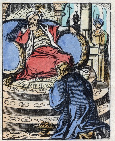 O sultão está maravilhado com os diamantes que Aladin lhe oferece para pedir a mão da sua filha. Gravação do conto das Mil e Uma Noites "Aladino e a Lâmpada Maravilhosa". Imagem epinal, finais do século XIX. Coleção particular. de French School