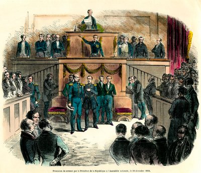 O juramento de Louis Napoleon III (Louis-Napoleon), que foi oficialmente proclamado Presidente da República, na Assembleia Nacional a 20 de Dezembro de 1848. Ele promete "permanecer fiel à única e indivisível República Democrática e cumprir todas as de French School