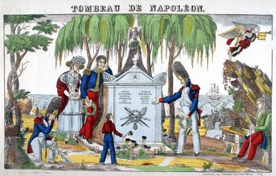 O túmulo de Napoleão Bonaparte, na ilha de Santa Helena. Imagem de Epinal de French School