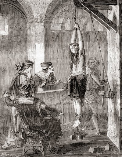 A tortura de uma mulher acusada de bruxaria na Idade Média, de Les Merveilles de la Science, publicado c.1870 (litho) de French School