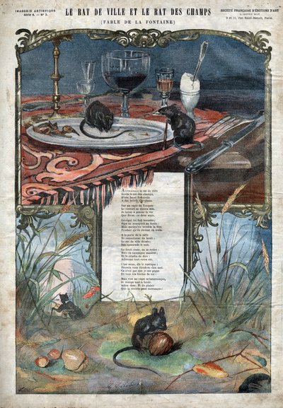 O rato da cidade e o rato do campo. Fábulas de Jean de La Fontaine (1621-95). Ilustração do final do século XIX. de French School