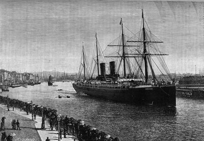 O transatlântico "La Gascogne" no porto de Le Havre, em 1887. Gravura na ilustre revista "La jeunesse". de French School