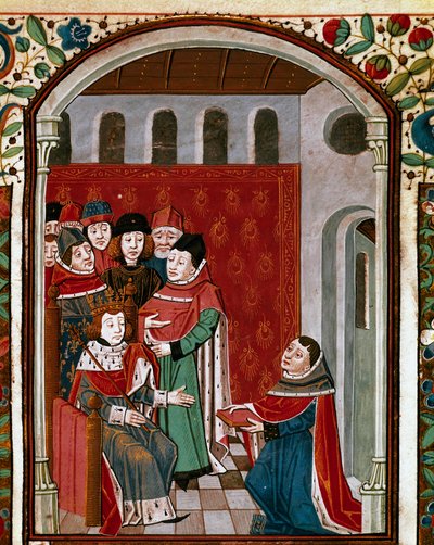 O tradutor John de Meung (ou Clopinel ou Chopinel) (1240-1305) doa sua obra ao Rei Filipe IV o belo (1268-1314). Miniatura tirada de "De Consolatione Philosophiae" pelo filósofo latino Boece (Boetius) (475-520), traduzido por Jean d de French School