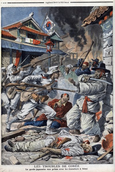 Os problemas da Coréia, a guarda japonesa que luta com os emulistas em Seul, mecenas da abdicação de Yi-Yeung - "Le Petit Journal" de 4 de agosto de French School
