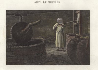O fabricante de vinagre tendendo a sua imprensa (gravura colorida) de French School