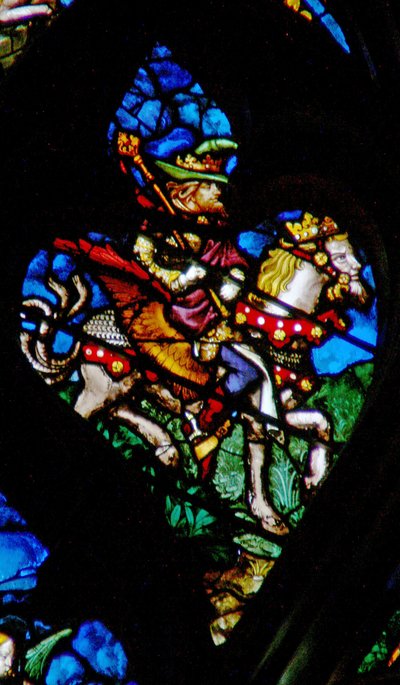 A rosácea oeste representando uma cena do livro do Apocalipse: Abaddon ou Apollyon, o anjo do abismo (9:11). de French School