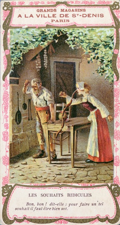 A esposa com o nariz de salsicha, ilustração do conto de fadas de Perrault Os três desejos (Les Trois Souhaits), o final do século XIX de French School