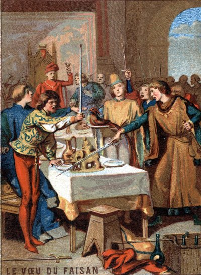 O desejo do faisão (1454): durante a festa organizada por Filipe III o Bom, Duque de Borgonha, os convidados juram sobre um faisão adornado com um colar de pérolas para exterminar o Turco. Cromolitografia da Série "Educação Patriótica através de I de French School